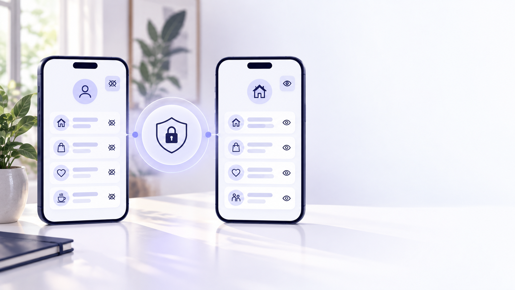 Two phones side by side — personal entries hidden on one, shared household entries visible on the other, protected by a lock