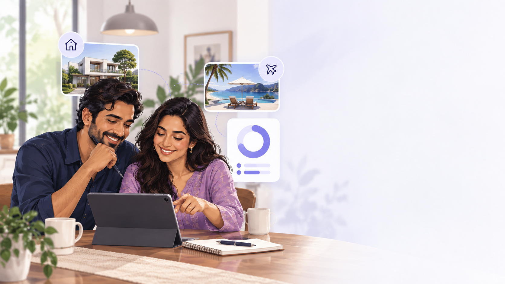 A couple planning shared goals together — a home, a trip — with their progress visible