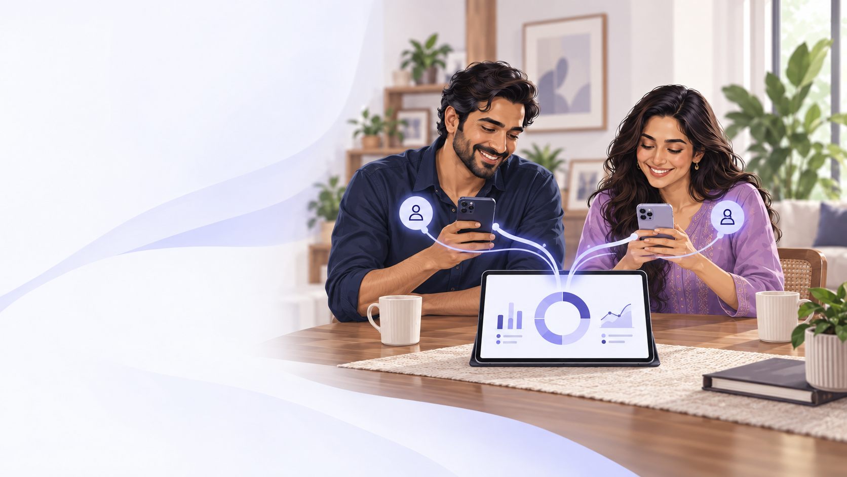 Two people on their own phones, each seeing their own money, connecting into one shared household view