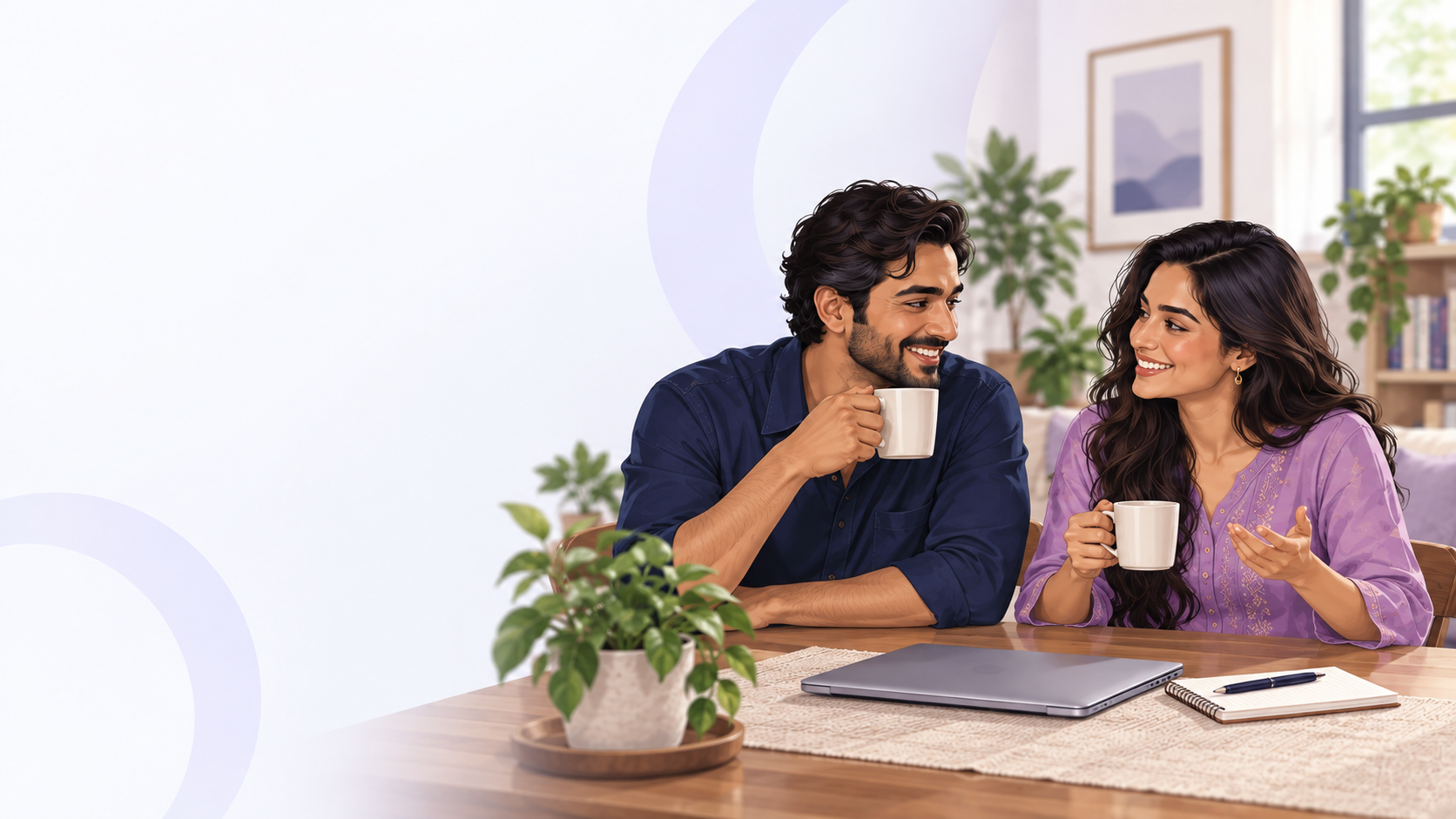 A couple having a calm, easy conversation over coffee, money no longer a tense subject