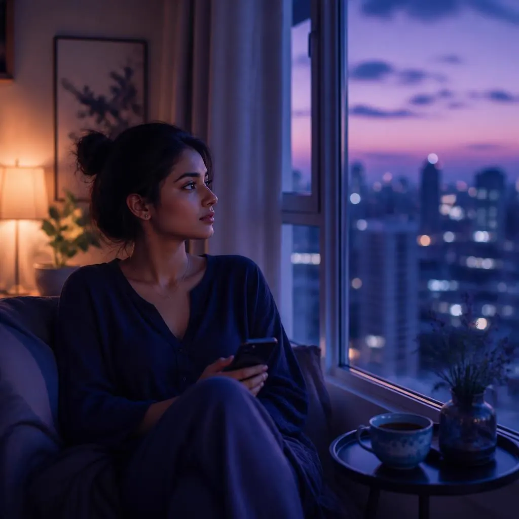 A person at home in the evening, quietly reviewing their own money